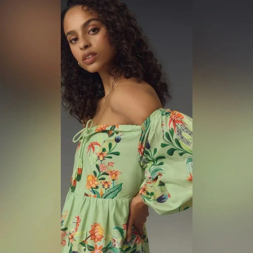 Farm Rio x Anthropologie Off-The-Shoulder Tiered Floral Midi Dress | NEW | XXS - Picture 3 of 11
